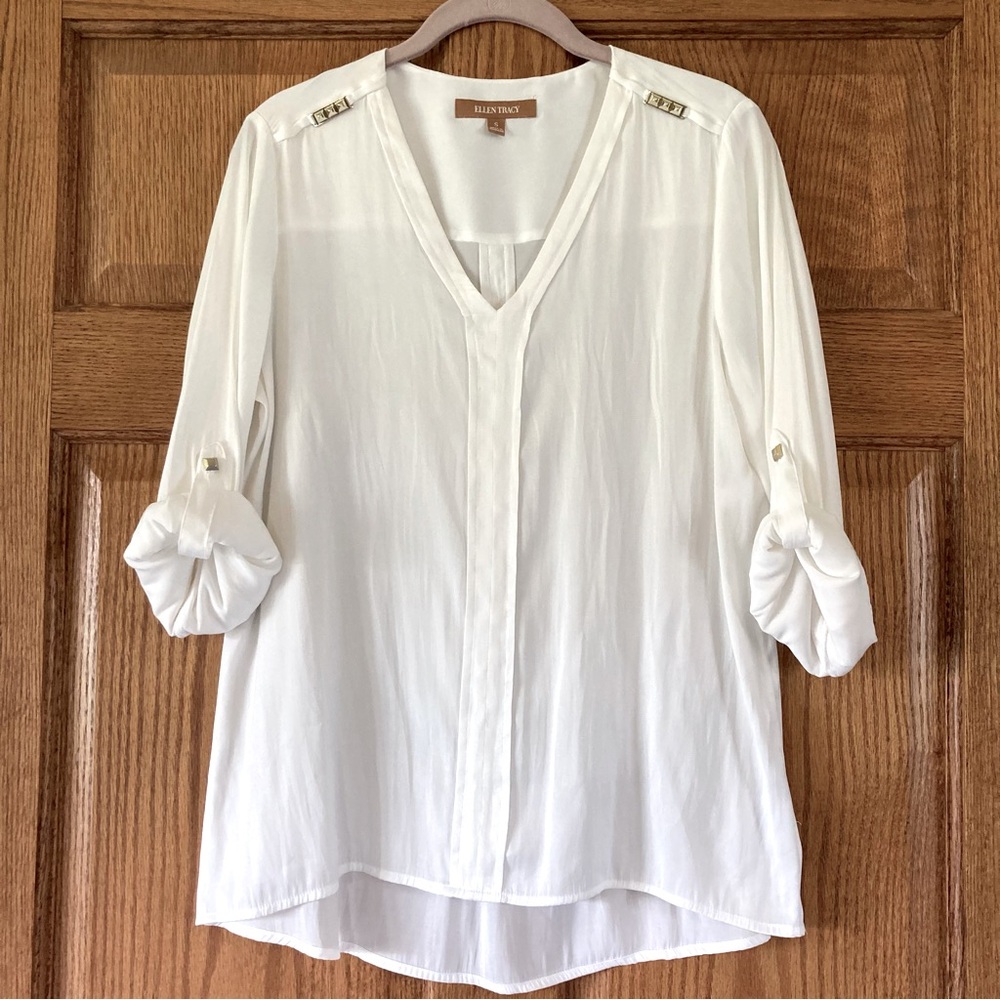 Pretty Ellen Tracy White Top with Roll Sleeves Small